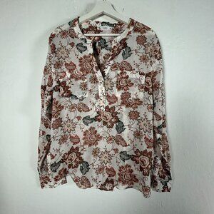 Carve Designs Women Dylan Gauze Henley Shirt XL Floral Organic Cotton Brown NWOT